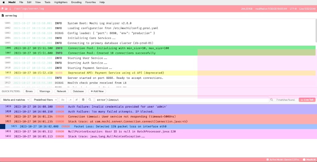 Mochi Playground Interface showing log analysis with filters and AI chat